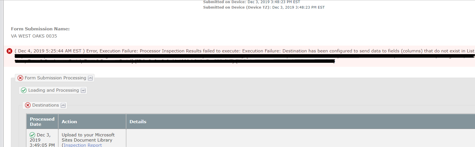 Error Message- Execution Failure: Destination has been configured to ...