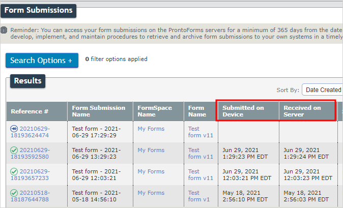 The Form Submissions page