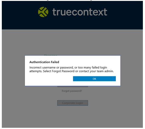 Error: Authentication Failed in TrueContext App